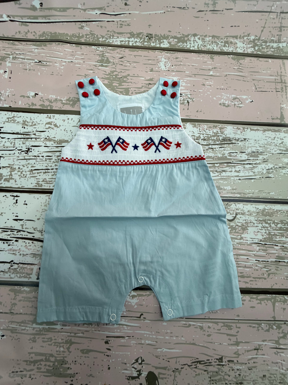 Lil Cactus light blue USA Flag smocked shortall