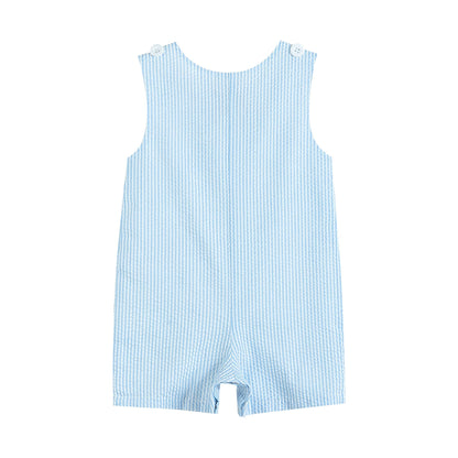 Light Blue Seersucker Fuzzy Bunny Shortalls