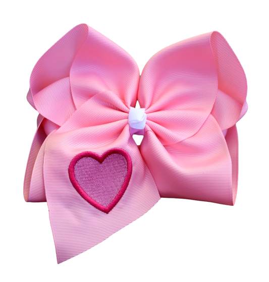 Pink Heart Embroidered Hair Bow