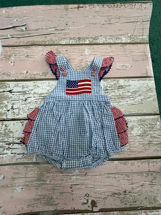 Lil Cactus blue and red gingham ruffled USA Flag romper
