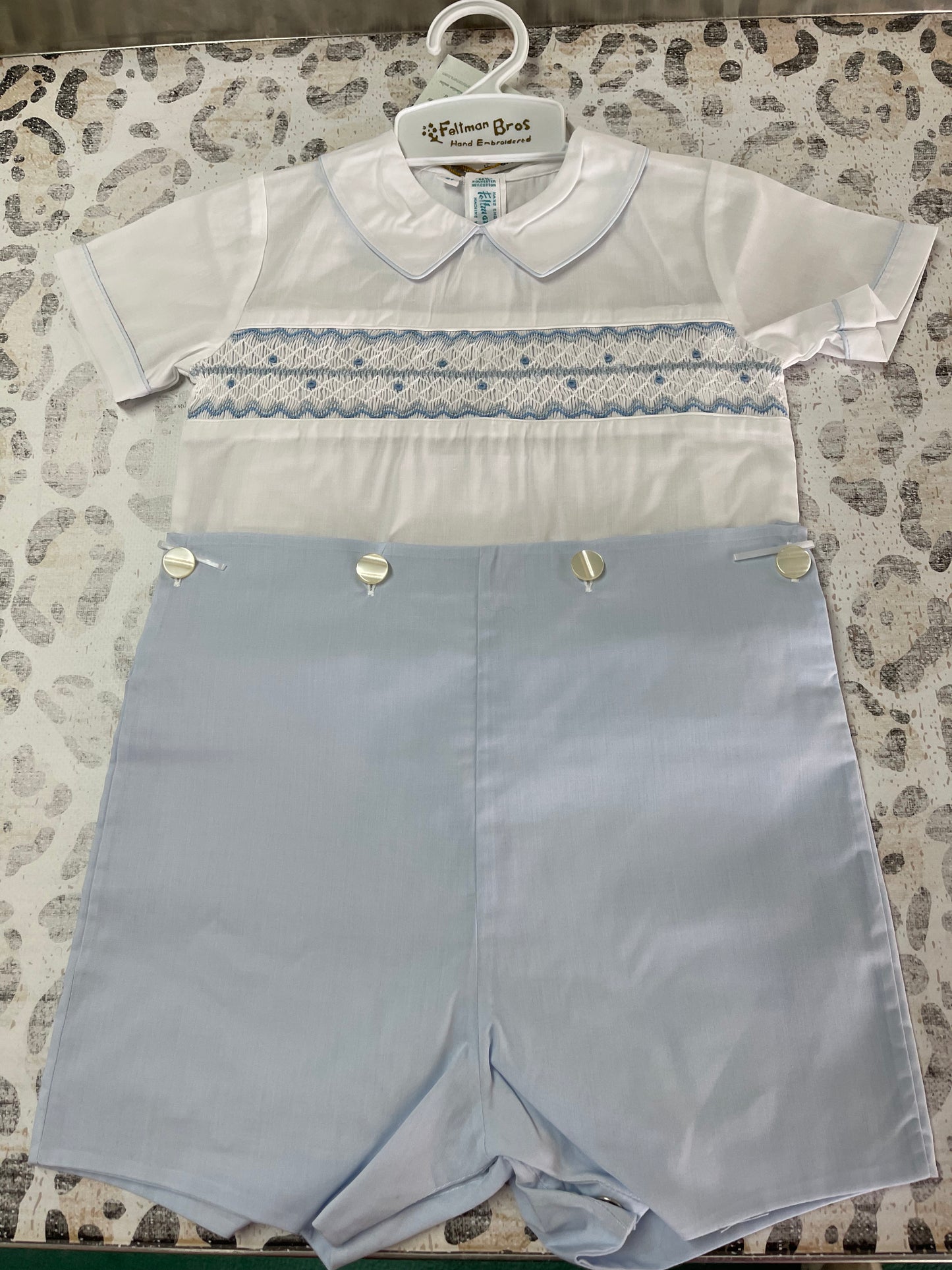 Feltman Brothers White/Blue Boys Wave Smocked Bobby Suit